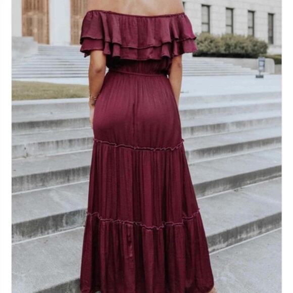 She + Sky Tiered Ruffle Maxi Dress Size M Wine On/Off Shoulder Boho Romantic - Picture 2 of 16